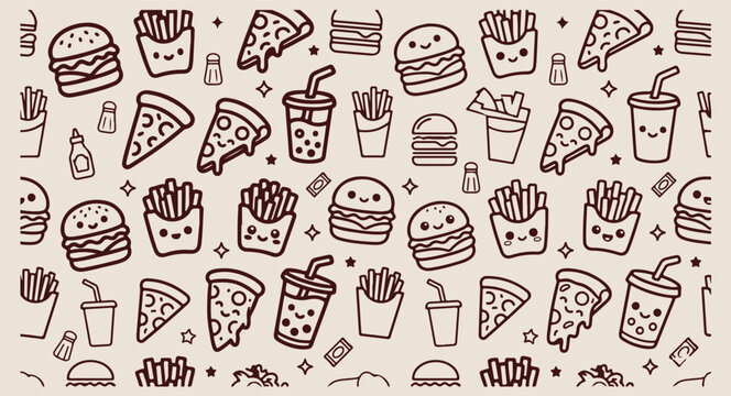 Minimal hand drawn fast food pattern, cute cartoon burger fries line illustration, hand drawn hot dog pizza doodle background, expressive strokes popcorn soda seamless art, delicious junk food black l