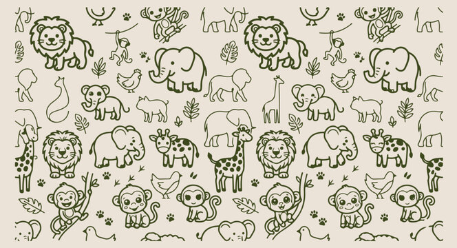 Minimal hand drawn safari wildlife pattern, cute cartoon elephant lion line illustration, hand drawn giraffe hippo doodle background, expressive strokes tropical jungle seamless art, green zoo animals