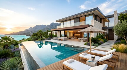 Fototapeta premium Luxurious modern house with pool and lounge chairs overlooking ocean at sunset