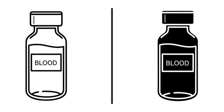Blood sample medical vial or vaccine bottle line and silhouette icon.