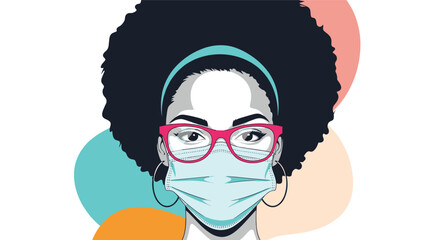 Naklejka premium Artistic portrait of a black woman with a large afro wearing pink glasses and a medical face mask for safety and protection.