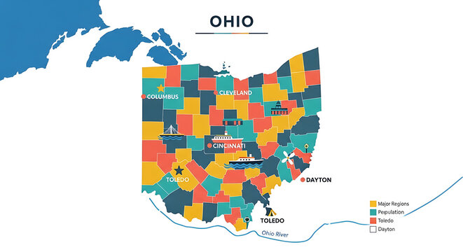 A colorful map of Ohio counties.
