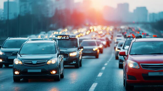 Cars in rush hour traffic jam on busy city highway, dense urban street congestion, transport scene
