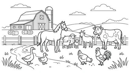 Fototapete Bauernhof Farm animals set with barn on landscape illustration for children coloring.  © SABIKUNNAHAR