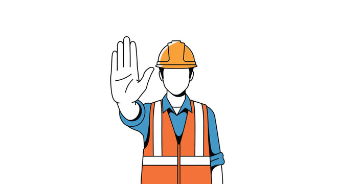 Construction worker in hard hat and safety vest raising hand to stop, isolated on white background.