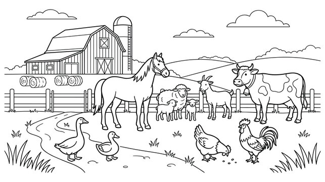 Farm animals set with barn on landscape illustration for children coloring.