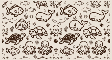 Minimal hand drawn deep sea pattern, cute cartoon whale fish line illustration, hand drawn sea turtle octopus doodle background, expressive strokes ocean creatures seamless art, aquatic underwater bla © pankaj