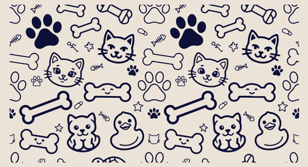 Minimal hand drawn pet animals pattern, cute cartoon cat kitten line illustration, hand drawn puppy dog bone doodle background, expressive strokes paw prints seamless art, domestic pets black line pat © pankaj