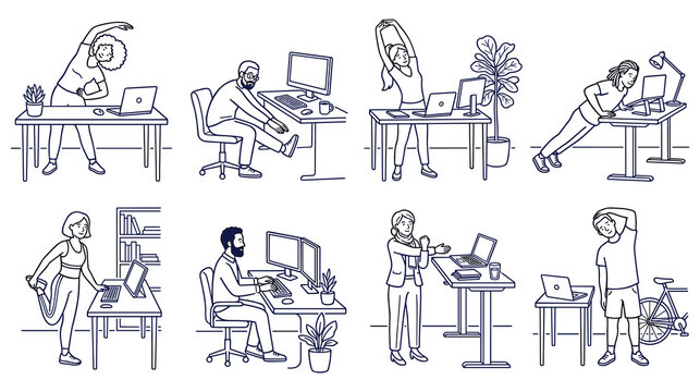Office workplace exercise and stretching collection for employee wellness now.