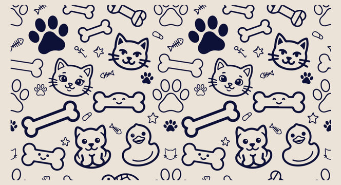 Minimal hand drawn pet animals pattern, cute cartoon cat kitten line illustration, hand drawn puppy dog bone doodle background, expressive strokes paw prints seamless art, domestic pets black line pat