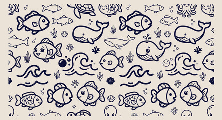Minimal hand drawn deep sea pattern, cute cartoon whale dolphin line illustration, hand drawn sea turtle fish doodle background, expressive strokes ocean waves seamless art, aquatic underwater black l © pankaj