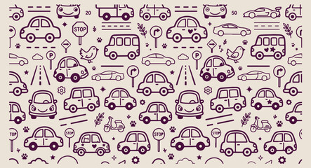 Minimal hand drawn city vehicles pattern, cute cartoon car bus line illustration, hand drawn road traffic doodle background, expressive strokes street transport seamless art, urban travel logistics bl © pankaj