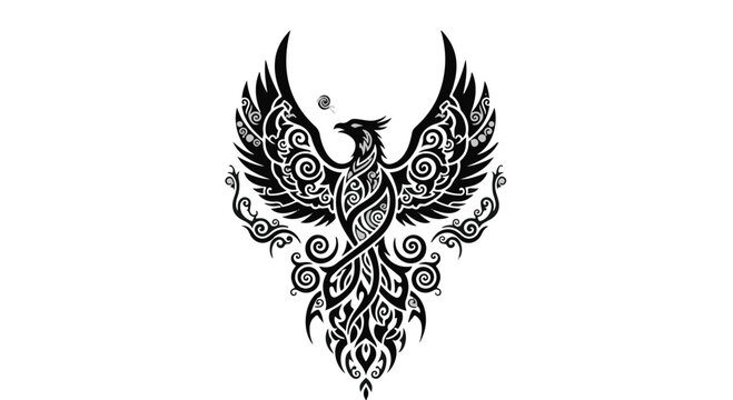 Mythical phoenix with ornate tribal patterns, symbolizing rebirth and power.