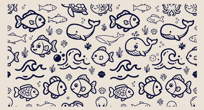 Minimal hand drawn deep sea pattern, cute cartoon whale dolphin line illustration, hand drawn sea turtle fish doodle background, expressive strokes ocean waves seamless art, aquatic underwater black l
