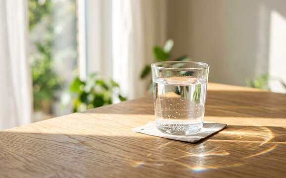 Glass of water with sunlight caustic pattern, minimal summer background with natural light
