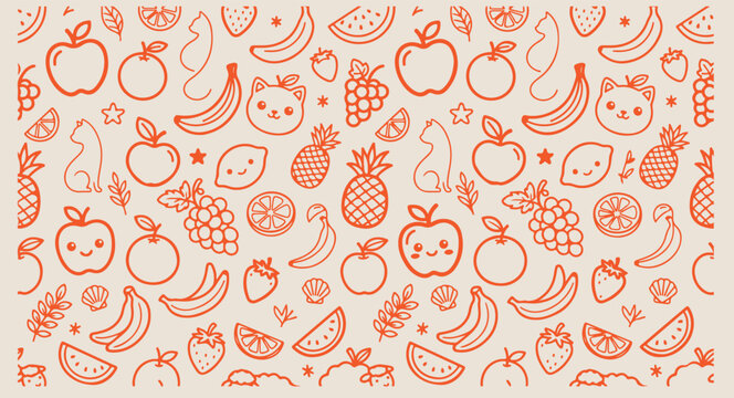 Minimal hand drawn fresh fruits pattern, cute cartoon apple banana line illustration, hand drawn orange pineapple doodle background, expressive strokes organic harvest seamless art, orange summer frui
