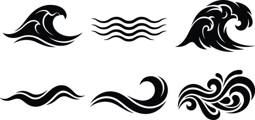 Fototapeta premium Ocean wave silhouette icons set featuring sea waves water flow and decorative swirl elements in minimal black style