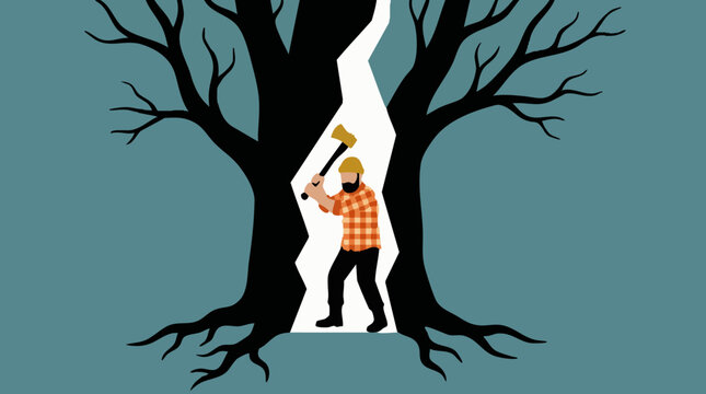 Man splitting tree with axe, concept of self-destruction or environmental harm