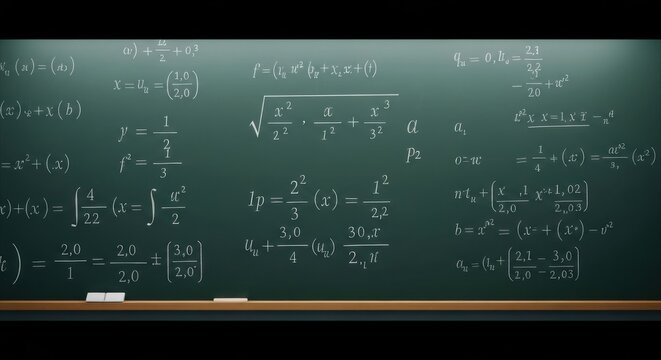 Chalkboard filled with complex mathematical equations and formulas.