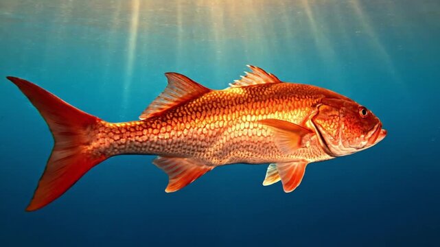 Red Snapper Fish Swimming Underwater in Clear Blue Ocean with Sun Rays