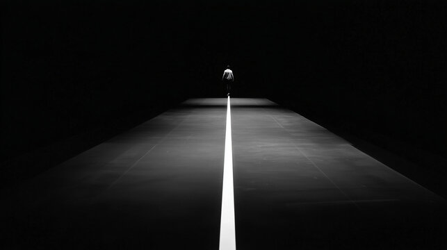 Ai Person standing alone on a narrow path in a dark space with a bright white line marking the way forward