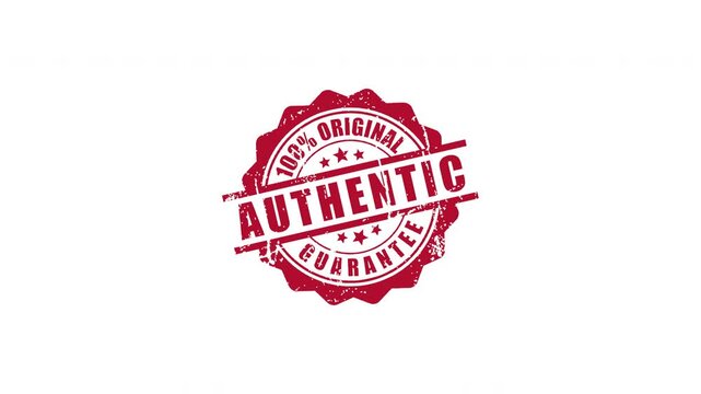 Animated 100 percent original authentic guarantee red rubber stamp with grunge texture popping up on transparent background for product certification