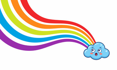 Naklejka premium A cute cartoon blue cloud with a surprised expression emitting a colorful rainbow on a white background.