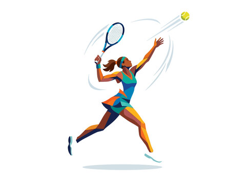 Abstract polygonal illustration of a female tennis player serving.