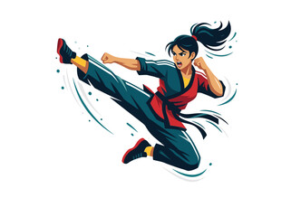 Obraz premium Dynamic Illustration of a Female Martial Artist Performing a Flying Kick.