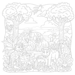 Obraz premium Jungle Safari Coloring Page for Kids with Wild Animals