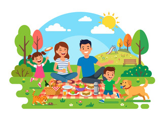 Fototapeta premium Happy family having a picnic with their pets in a sunny park.