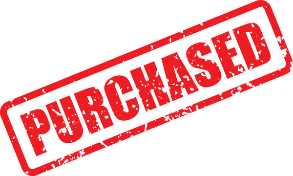 A bright red rubber stamp indicating the word purchased for business transactions and document processing tasks