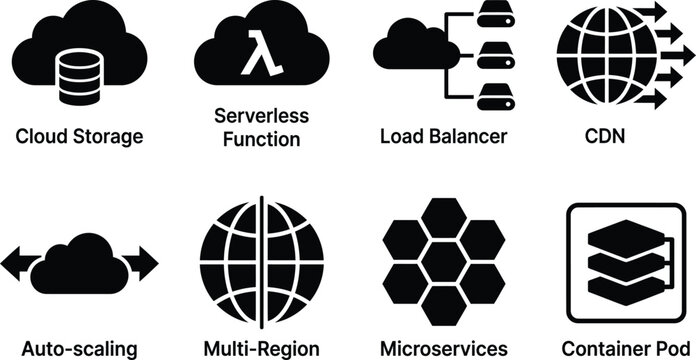 Flat black cloud computing architecture icon set displayed on a white background