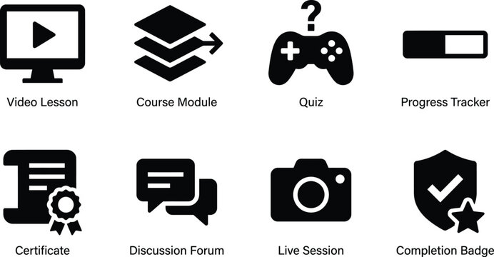 E-learning online course UI icon set on white background