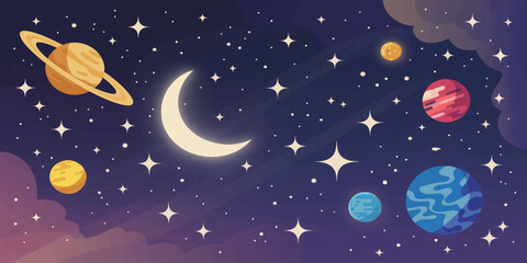 Cartoon Space Night with Crescent Moon Planets and Stars Illustration © mahabubmorshed
