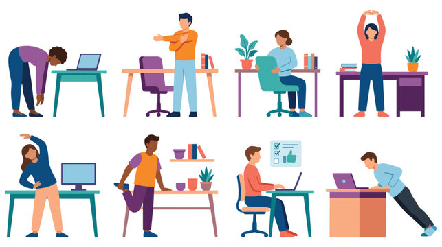 People doing office stretches and exercises at desks and workstations.