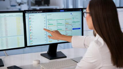 Fototapeta na wymiar Woman Auditor Reviews Medical Claims Accuracy
