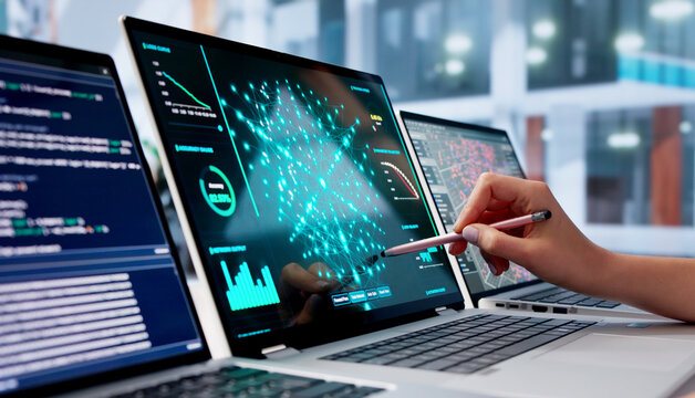 Young Woman Uses Laptop To Develop AI Models
