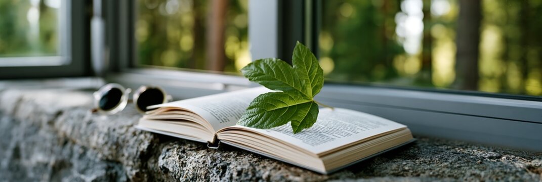 Open book rests on stone window sill.