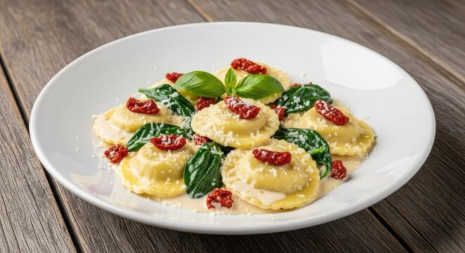 A gourmet dish of creamy ravioli with sun-dried tomatoes and spinach served on a clean white plate over a rustic wooden table setting, meal, basil, gourmet