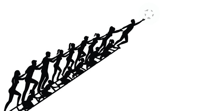 Teamwork and unity driving progress towards a shared goal, symbolizing collective effort and ambition.
