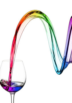 Vibrant rainbow colored liquid pouring into a clear glass goblet creating a dynamic s-shaped curve against a solid black background