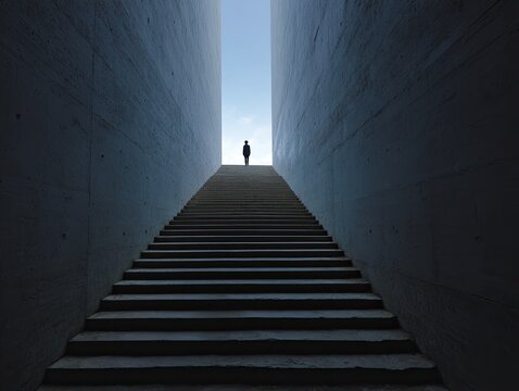 Lone figure ascends grand concrete stairs toward a bright, open sky