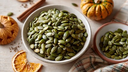Obraz premium Fresh pumpkin seeds in a rustic bowl.