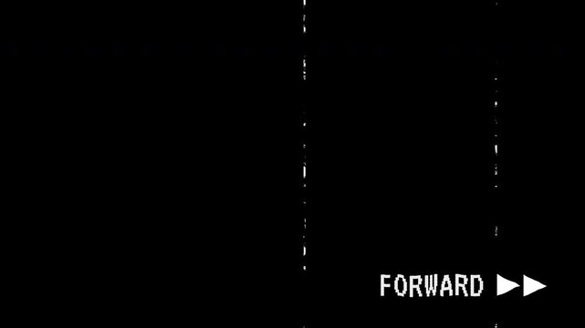 Animated VHS tape vertical distortion and analog glitch overlay with forward text. Alpha channel 4K animation video