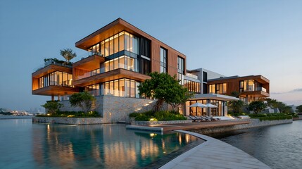 Fototapeta premium Modern luxury villa overlooks tranquil water at dusk.