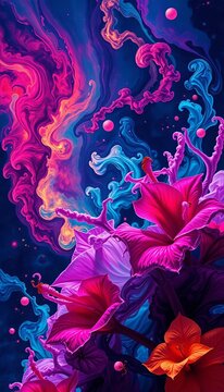 Cosmic ink swirls, nebulae blooming in hyperreal hues, intensely sharp, otherworldly flora,  macro,  nebula