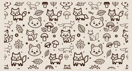 Minimal hand drawn woodland fox pattern, cute cartoon forest animals line illustration, hand drawn mushroom leaves doodle background, expressive strokes wildlife seamless art, brown nature landscape b © pankaj