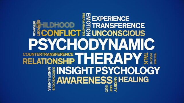 Psychodynamic Therapy animated word cloud-text design animation tag kinetic typography seamless loop.