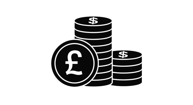 Black and white icon showing stacks of coins with pound and dollar symbols representing international finance and global savings growth.